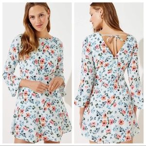 Loft White Mini Floral Tie Back Bell Sleeve Dress